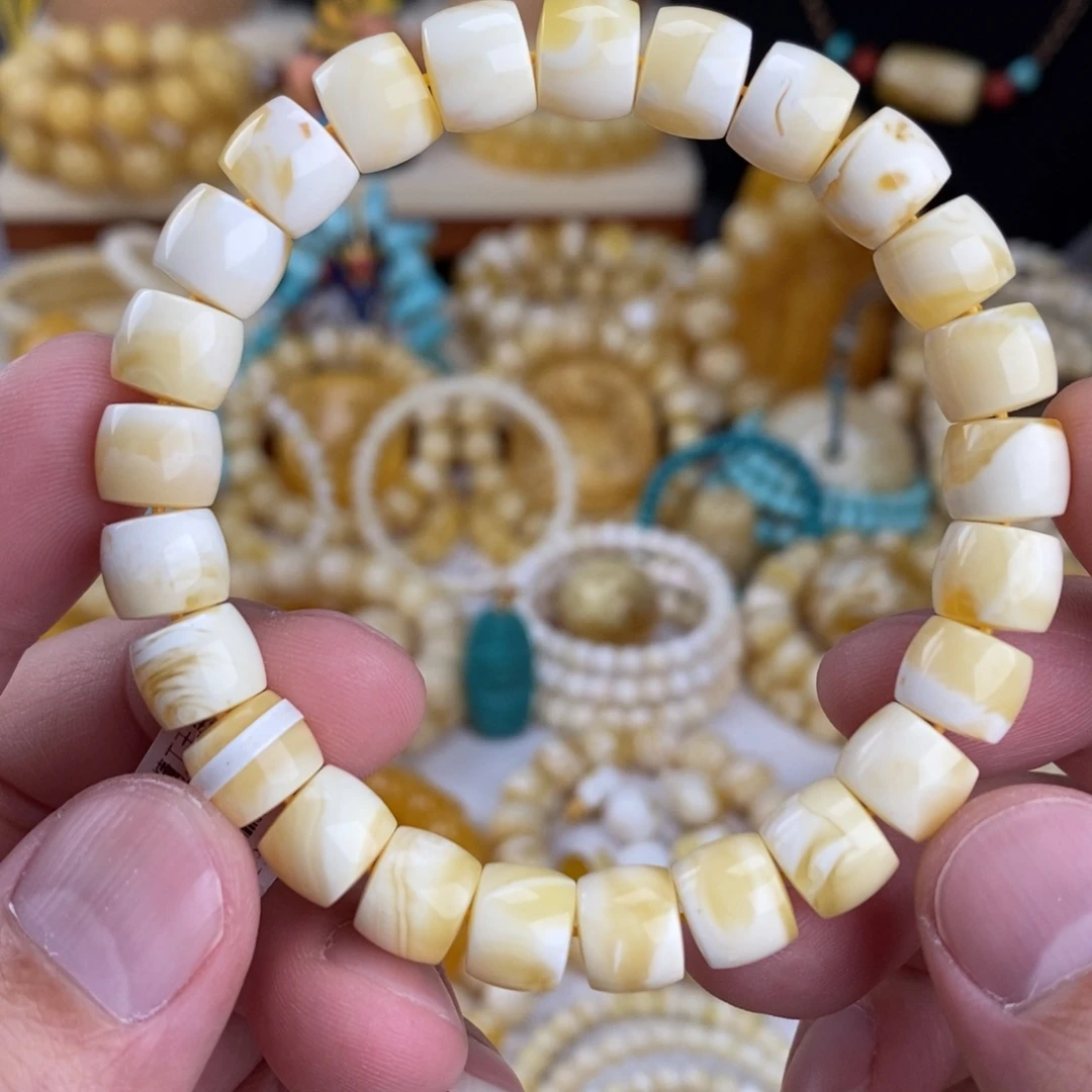 蜜蜡未镶嵌手链瓷白白蜡妖花9.6mm直切