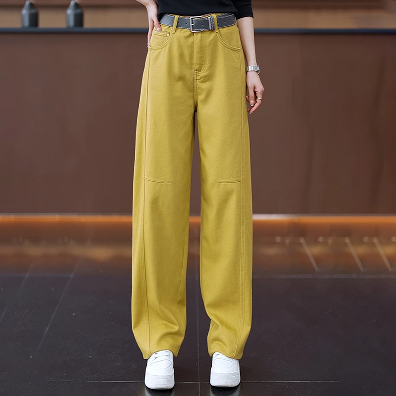黄色阔腿弯刀牛仔裤女士秋季2025新款高腰显瘦垂感直筒休闲香蕉裤