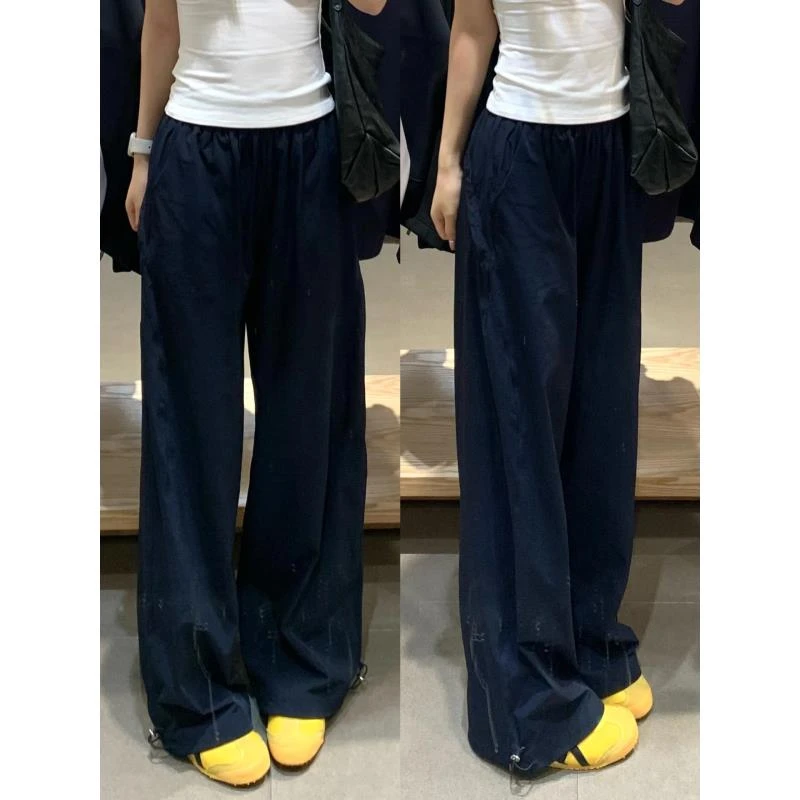 藏蓝色工装裤女夏季宽松显瘦休闲直筒阔腿运动裤百搭复古高腰裤子