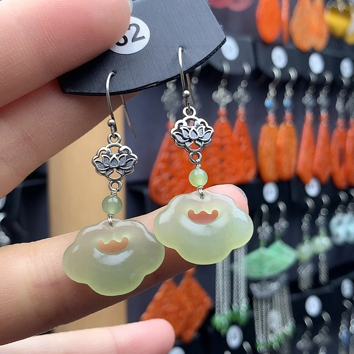 和田玉耳饰银S925镶嵌