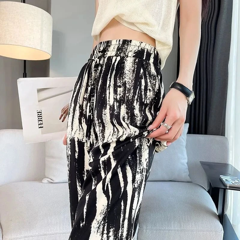 【新品福利】水墨扎染冰丝阔腿裤女2025新款夏季薄款垂坠感高腰宽松