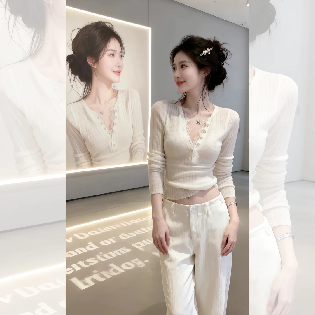 纯欲风V领蕾丝针织打底衫女2025秋冬季韩系穿搭修身显瘦内搭上衣