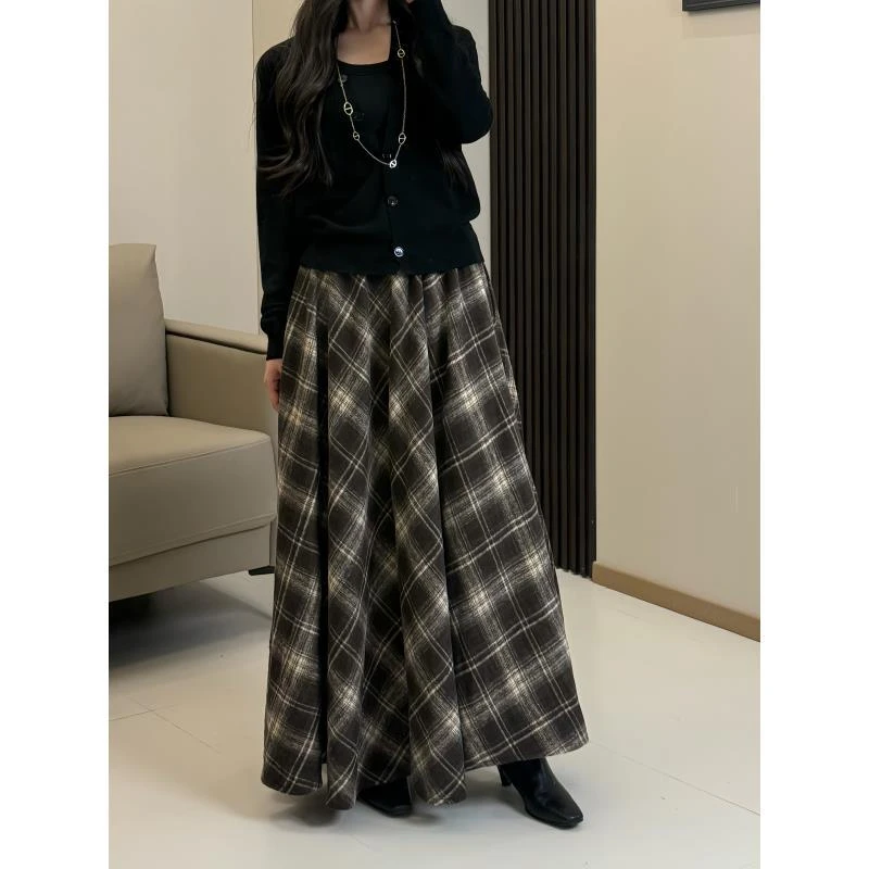 【慧】大摆毛呢高腰格子复古百搭中长裙半身裙女2025秋冬新款总