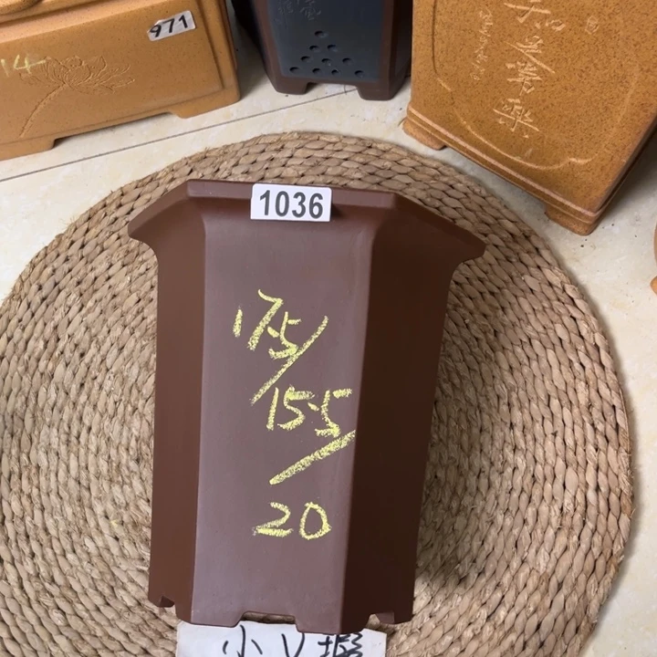 紫砂花盆微微瑕精品紫泥飘口六方1036