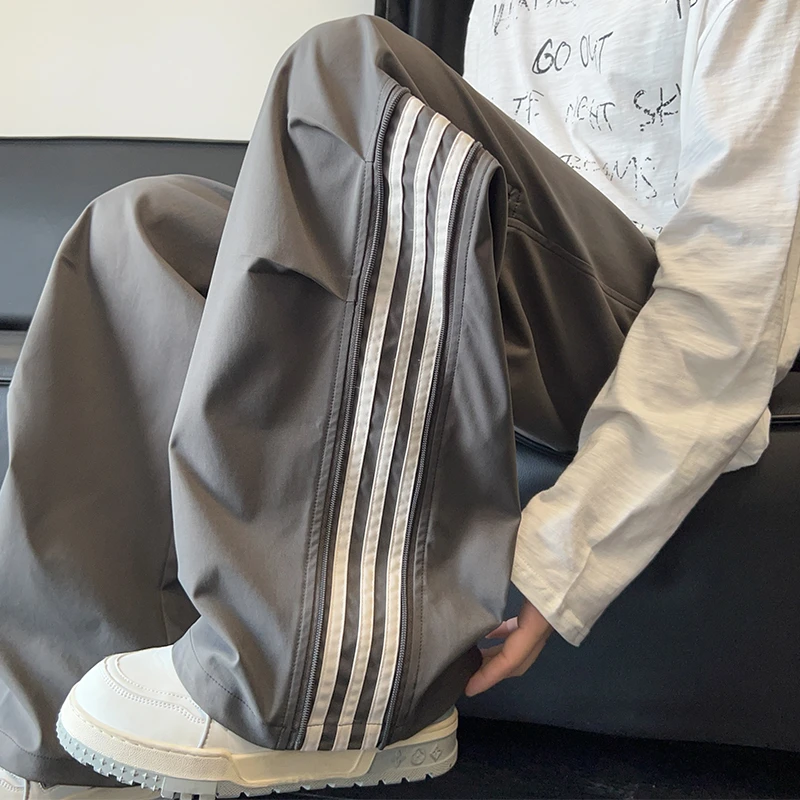 休闲裤男春秋季新款美式潮牌高街设计感三条杠运动宽松直筒长裤子