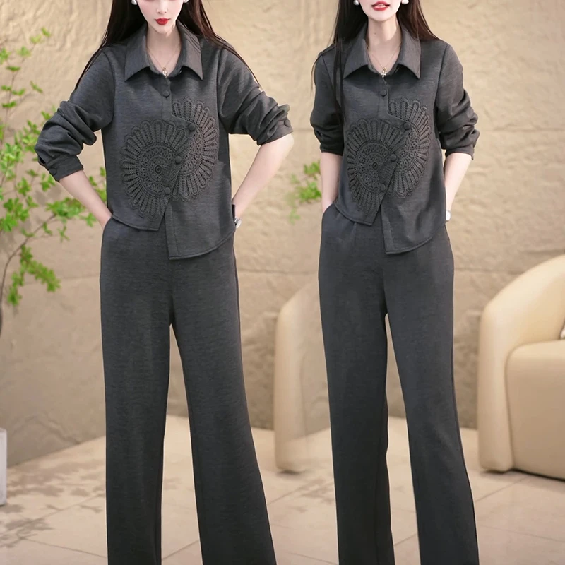 2025春季新款大码宽松阔腿裤+韩版长袖上衣两件套装气质洋气款女