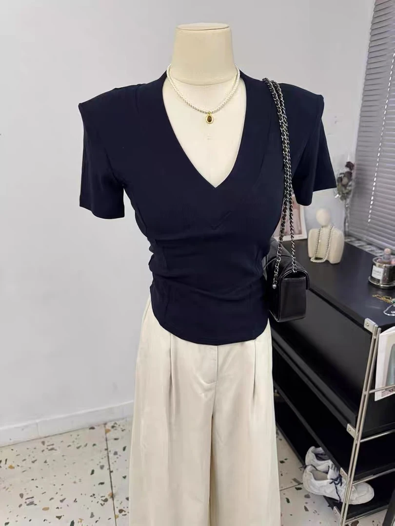 【美美专享】15239时尚韩版纯色V领修身显瘦百搭洋气简约T恤上衣女