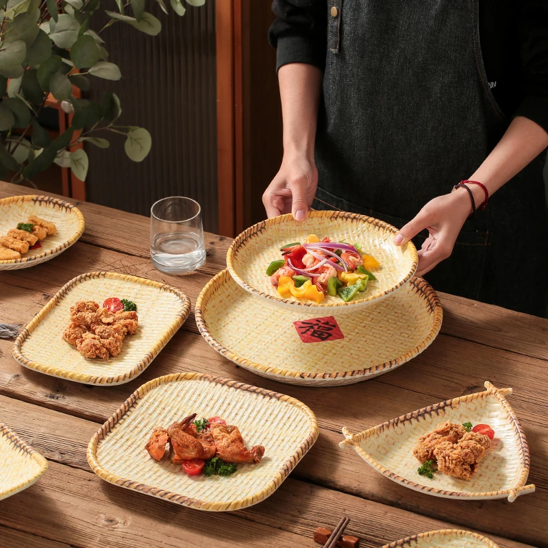 密胺福字仿竹编盘油炸小吃酥肉凉菜盘烧烤盘火锅配菜盘小炒菜盘子
