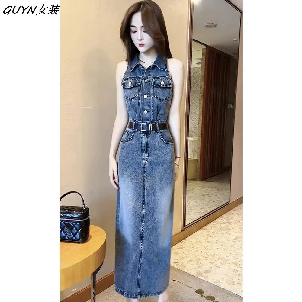 复古港味翻领无袖气质显瘦百搭做旧长款牛仔连衣裙女2025春季新款