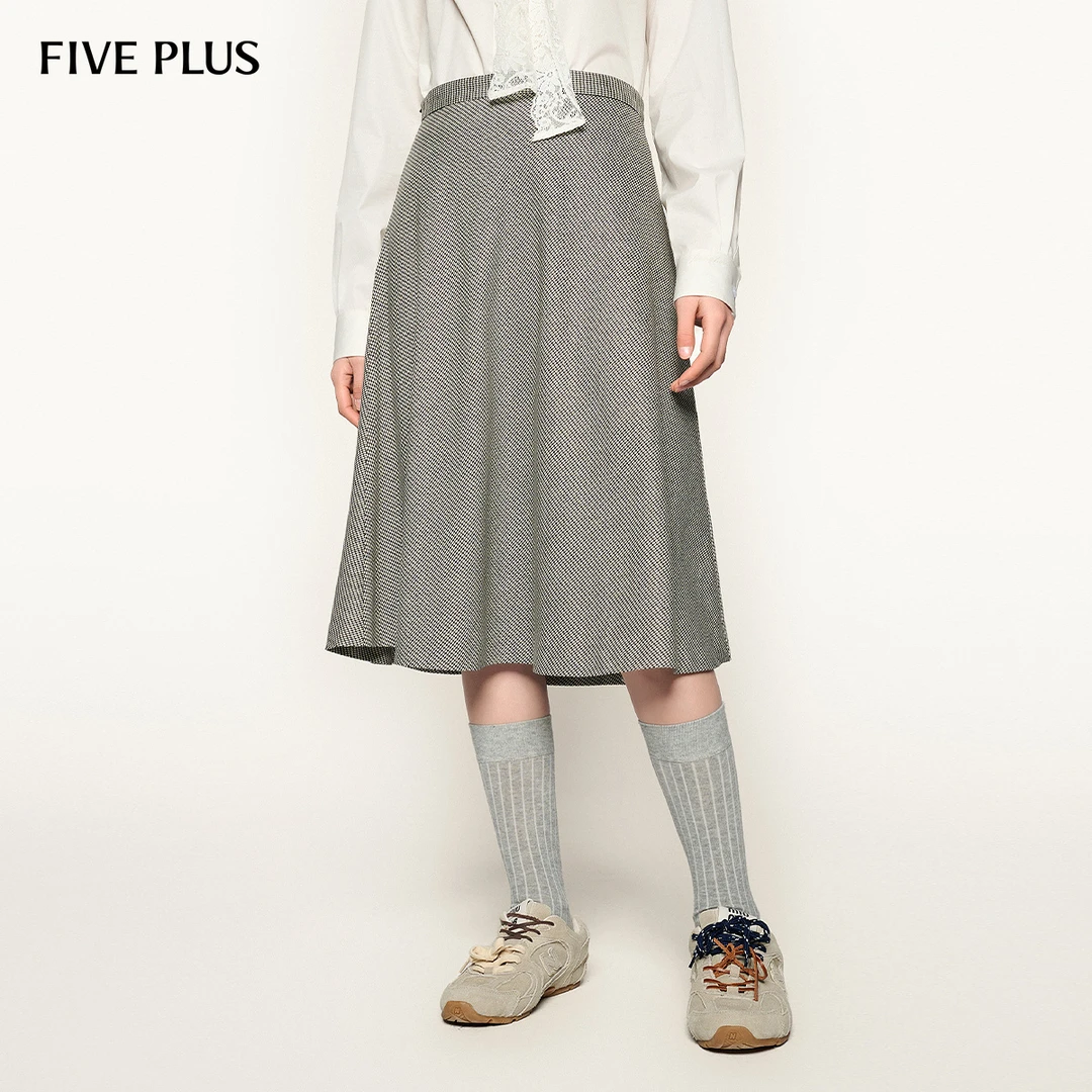 FIVE PLUS春装复古千鸟格纹伞裙女优雅通勤A字裙半身裙2SE1070290