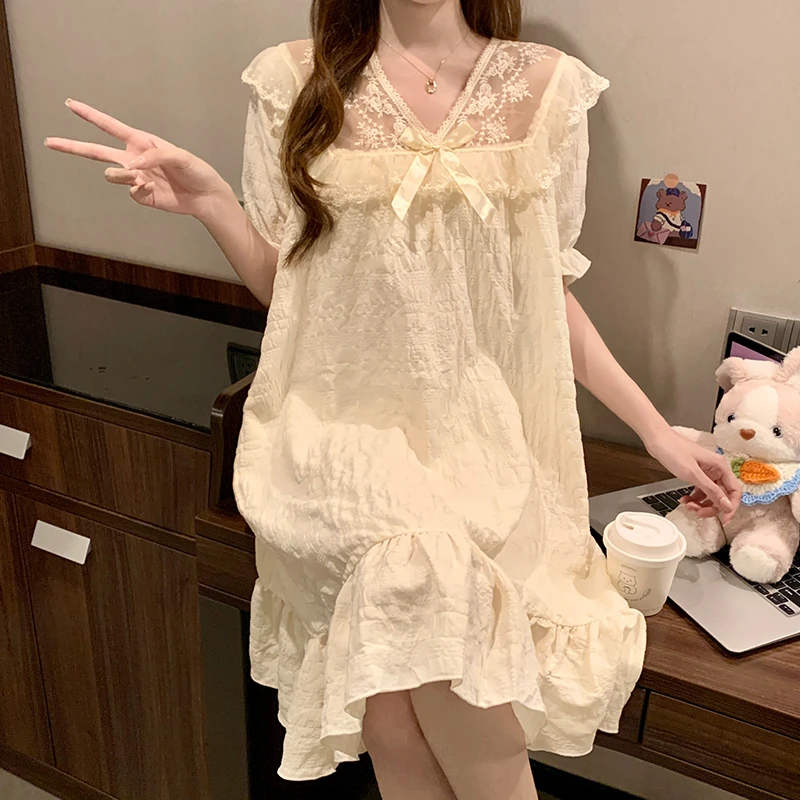 夏季短袖睡衣女云朵棉甜美公主风花边少女纯色提花家居服新款睡裙
