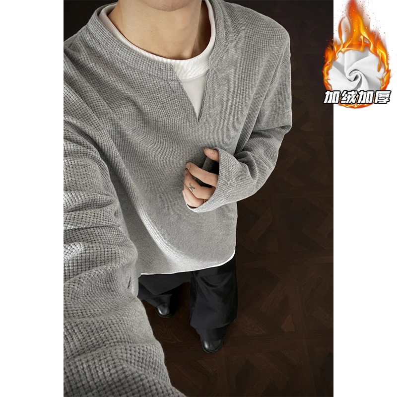 黑色假两件圆领卫衣男秋季美式复古宽松百搭青少年休闲V领打底衫