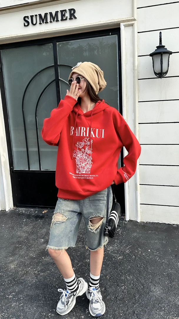 020【春季新款】胸前字母花朵复古休闲百搭连帽卫衣（7121）