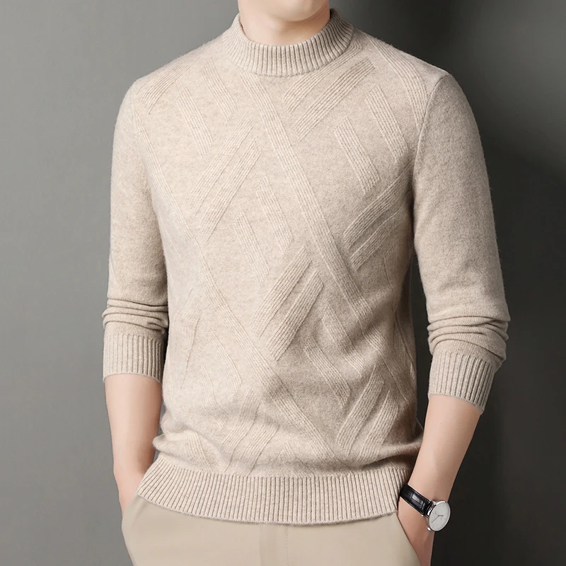 【450克】男士男式羊毛衫100羊毛圆领纯色提花保暖加厚柔软针织衫