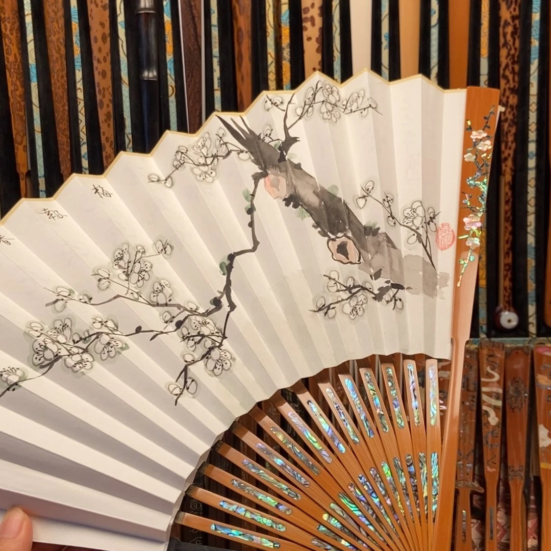 扇子白梅螺钿满嵌三合青搭配梅花扇面