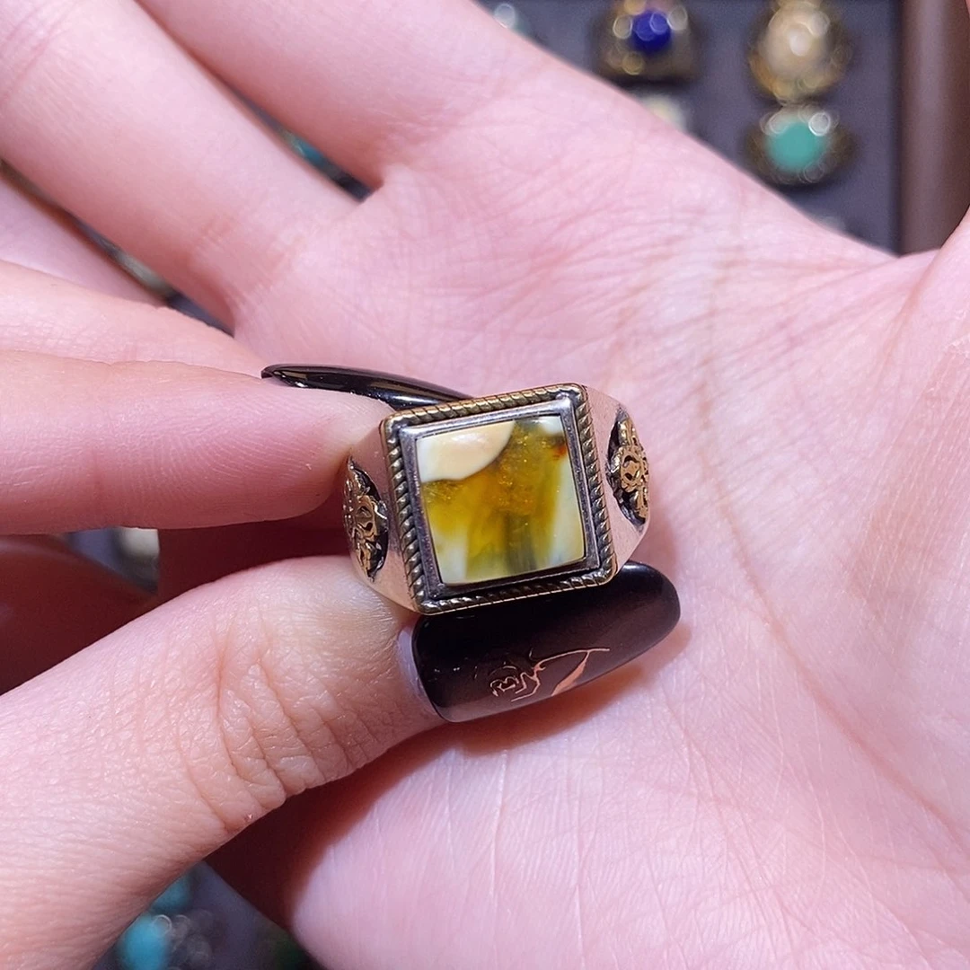 琥珀戒指银S925镶嵌暴**李戒指