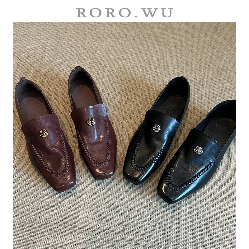 娆娆吴·水洗牛皮一脚蹬方头乐福鞋百搭山茶花复古优雅单鞋D987