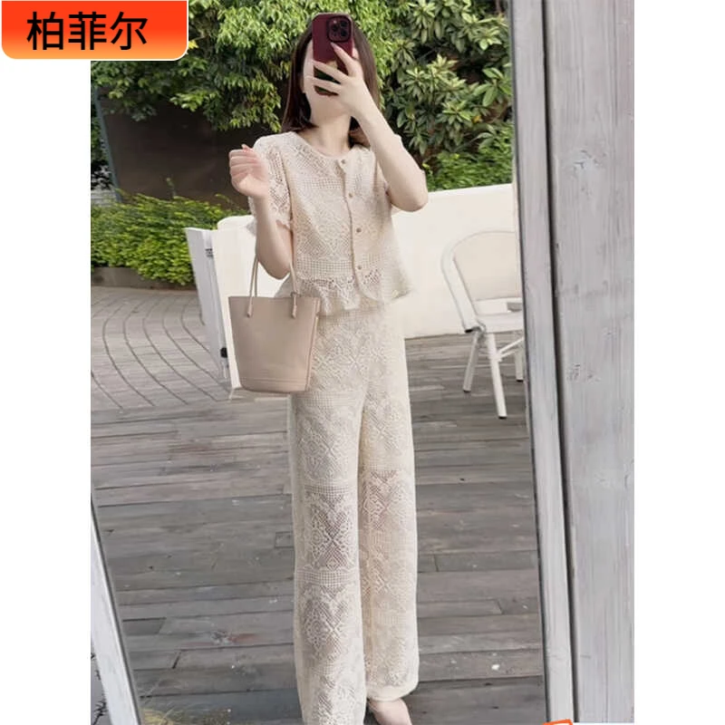 I炸街减龄时尚套装女夏季妈妈时髦蕾丝上衣阔腿裤子休闲两件套1