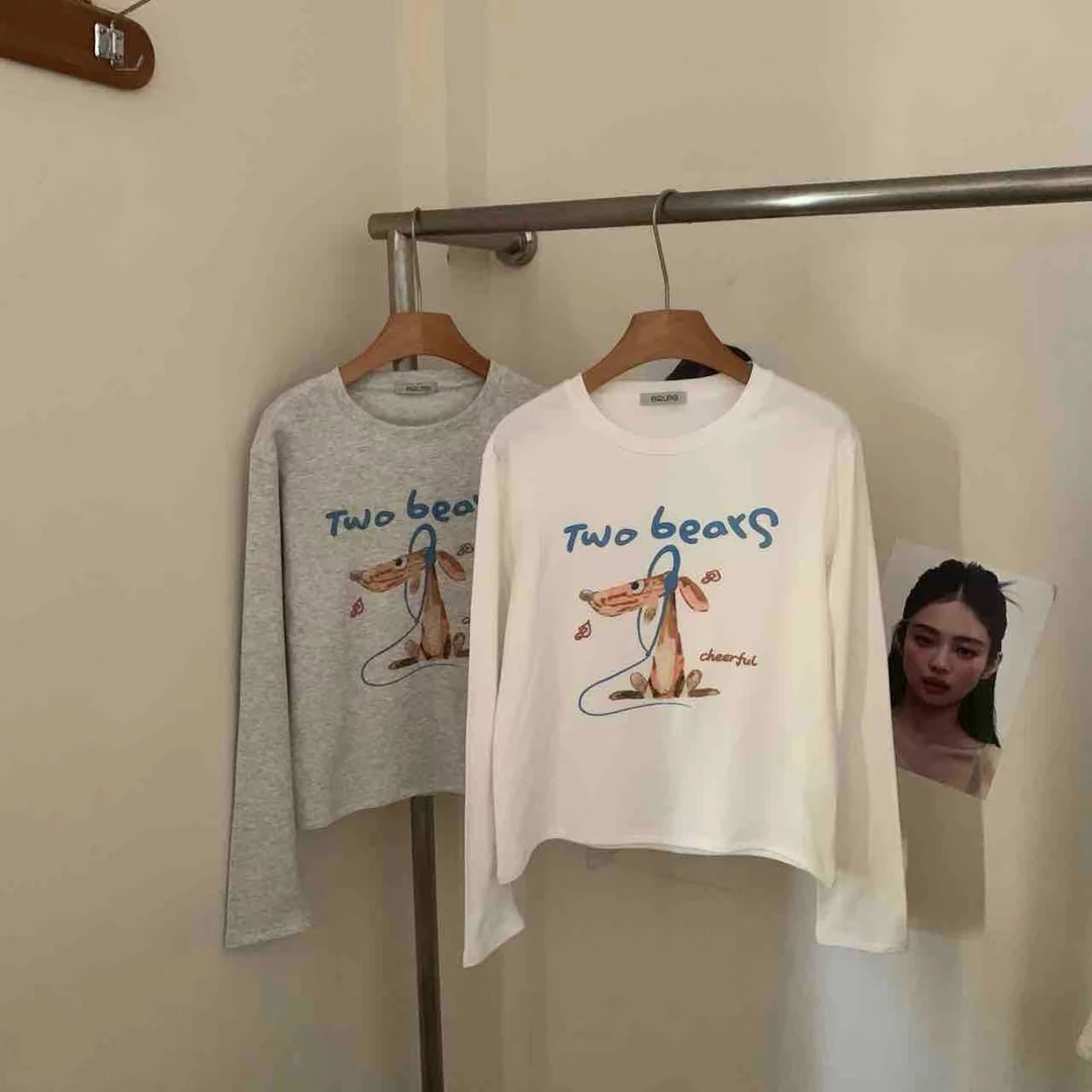 YD-韩系！耳机小狗打底衫25秋冬新款圆领宽松版休闲长袖打底T恤女