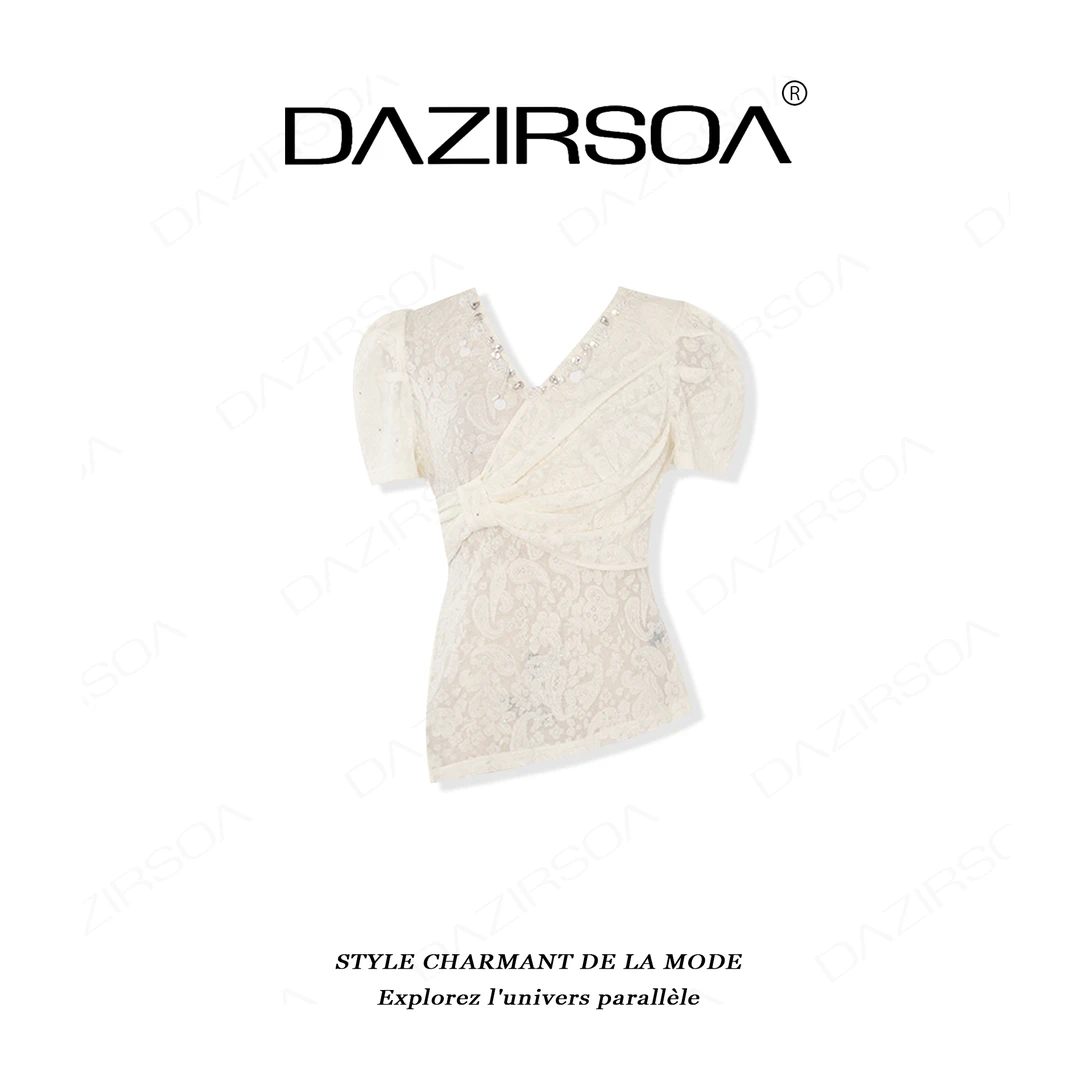 “浪漫马黛”时尚百搭烫钻腰果花个性V领蕾丝T恤 Y900