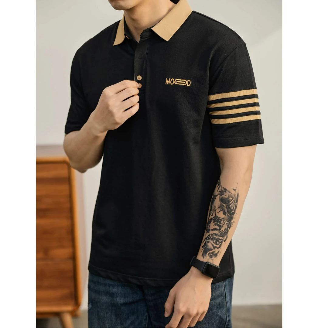 奥兰德保罗男士都市潮流感撞色四道杠Polo衫夏日时尚刺绣修身短袖