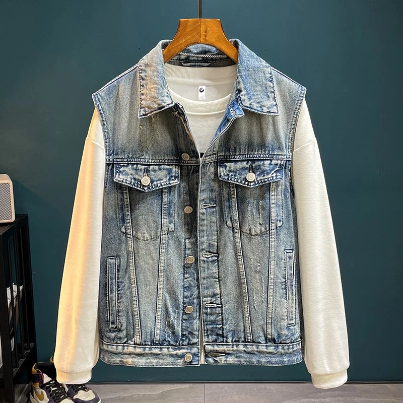 2025新款牛仔马甲男简约时尚复古怀旧蓝潮流牛仔夹克马褂无袖上衣