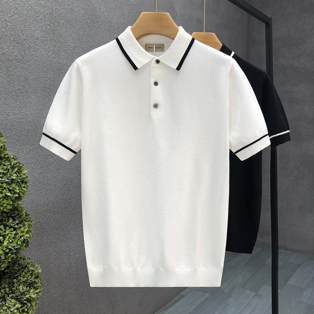 高端冰丝针织短袖男潮牌外穿春季薄款毛衣2025新款男士翻领半截袖