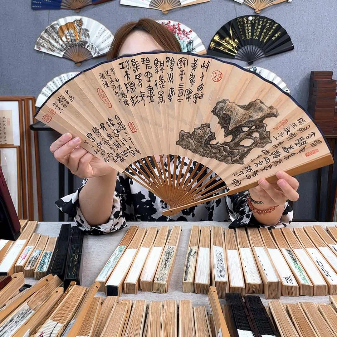 国画汗**猫95寸老玉竹-纯手绘-文玩扇骨（默认粘好）
