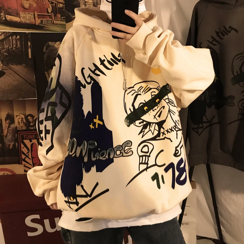 秋冬款卫衣男港风新款宽松加绒加厚连帽衫青少年ins潮牌嘻哈外套