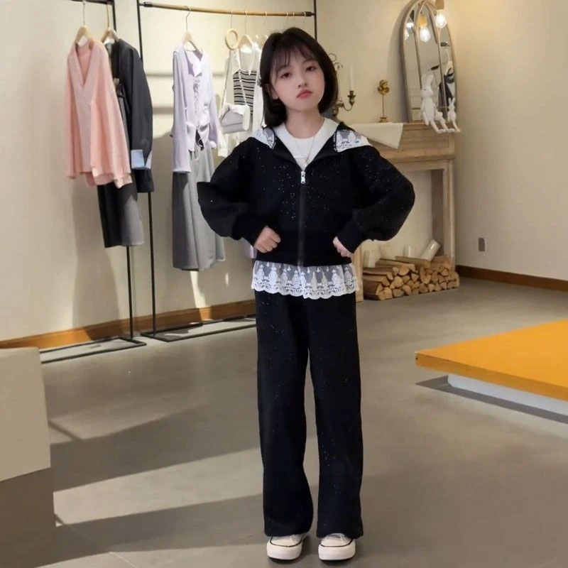 女童假两件套装2025秋装洋气蕾丝拼接连帽修身休闲运动卫衣两件套