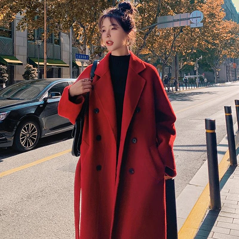 安哥拉羊绒质感红色毛呢外套大码胖MM200斤宽松加厚春秋呢子大衣N