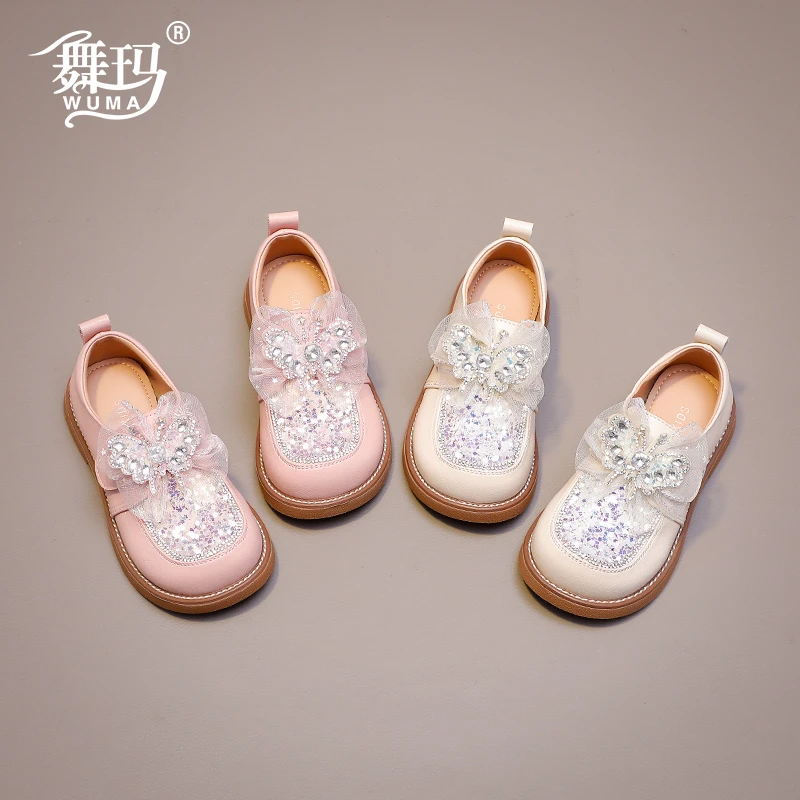 舞玛女童鞋子儿童公主鞋2025新款春秋季软底蝴蝶结水晶皮鞋538353