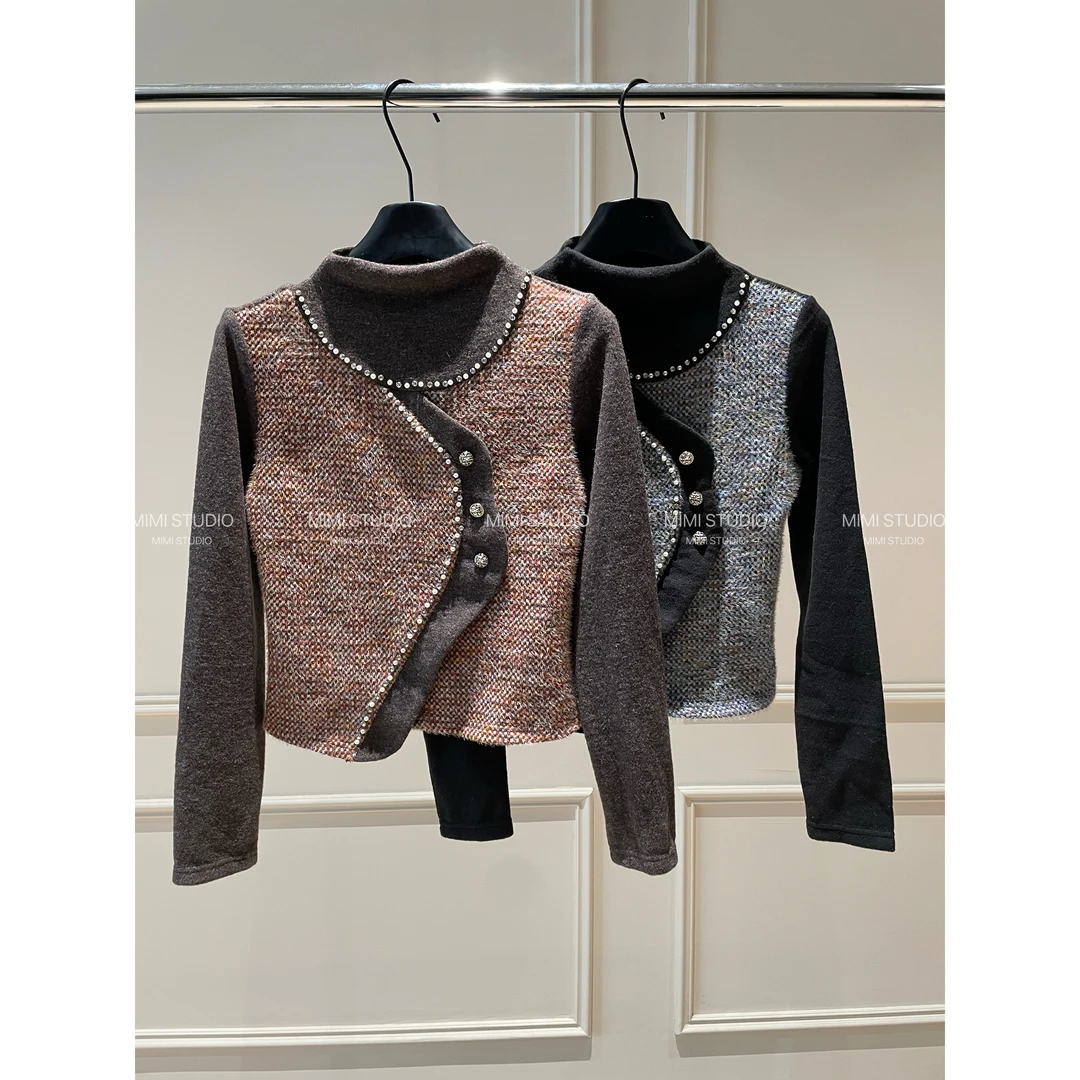 2025秋冬新款 重工轻奢小香风拼接半高领长袖T恤女显瘦上衣1007#