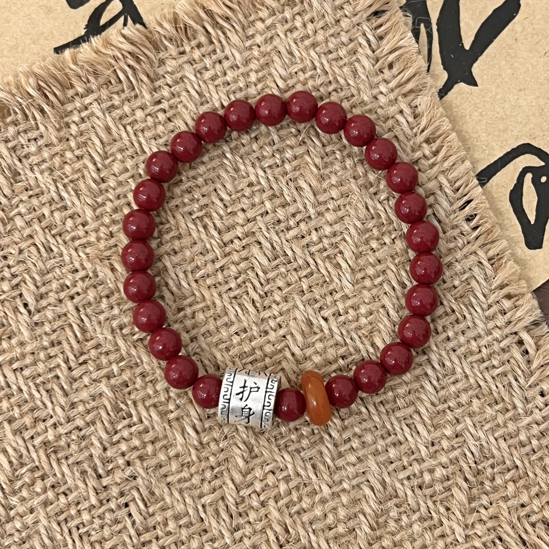 足银手链 《护身符蜡》6mm设计轻奢风简约护身符手工红色珠珠银手链