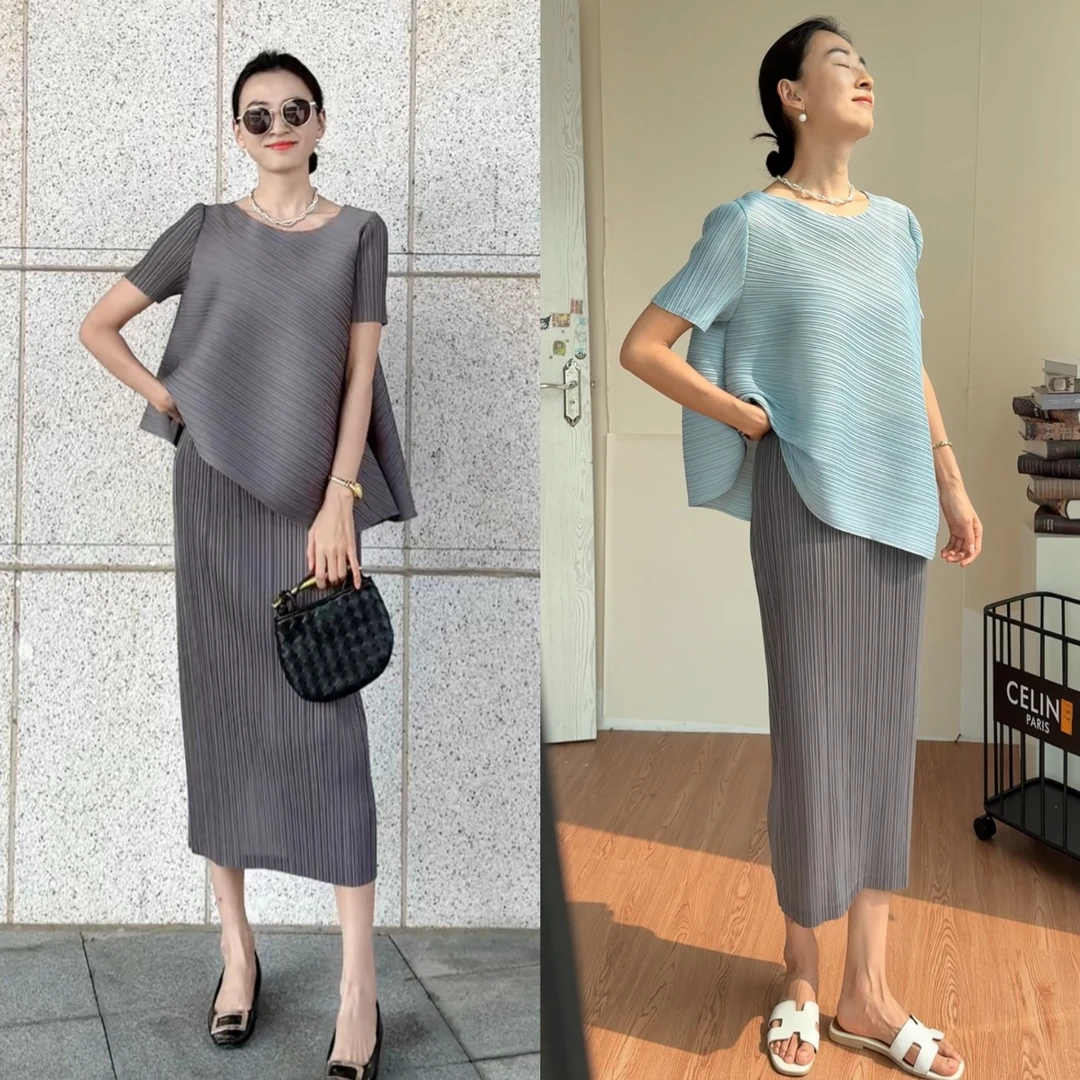 【韩女士穿搭】夏装灰色斜T宽松显瘦上衣加半裙套装气质休闲