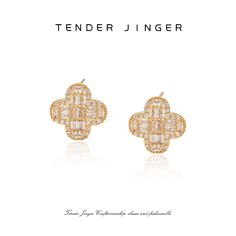 Tender Jinger 铜合金耳饰 25新款四叶草满天星耳环时尚百搭