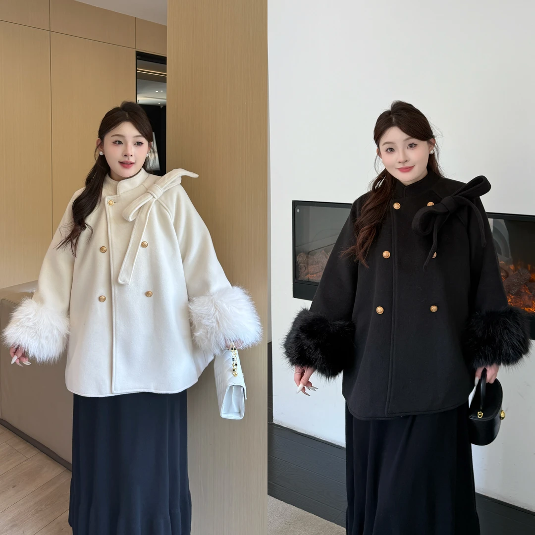 少量现货-心心【留洋千金】冬季加厚保暖蝴蝶结大码显瘦毛呢外套