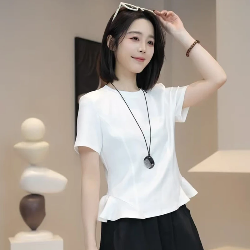 灰色圆领正肩短袖t恤女2025夏季新款不规则下摆拼接休闲宽松上衣