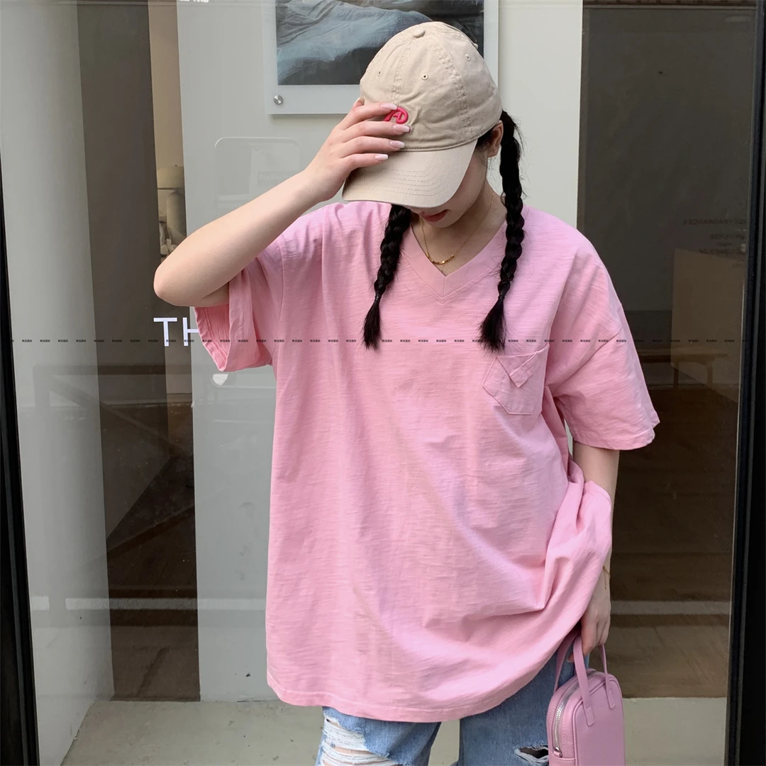 JLSUNFLOWER纯色V领短袖T恤女简约设计感纯棉ins百搭口袋半袖潮T