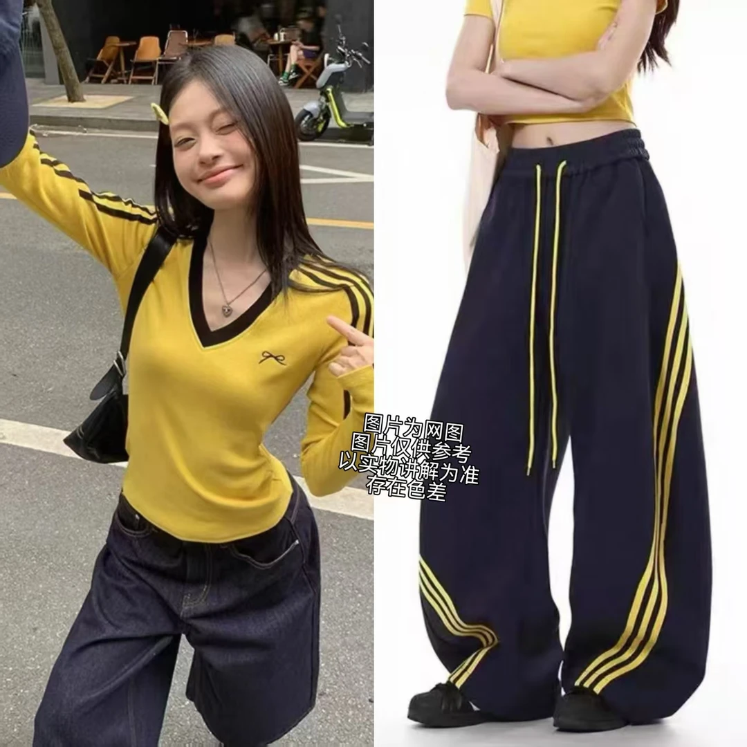 2025夏季新款大码女装美式炸街三条杠阔腿裤+v领打底上衣