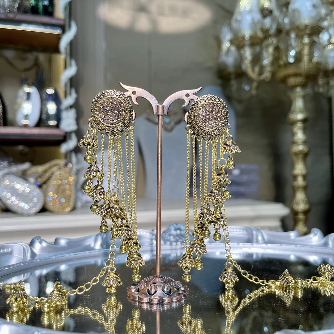 铜合金玻璃耳饰 【36181耳链款】瑾瑟异域宫廷复古耳环设计师原创