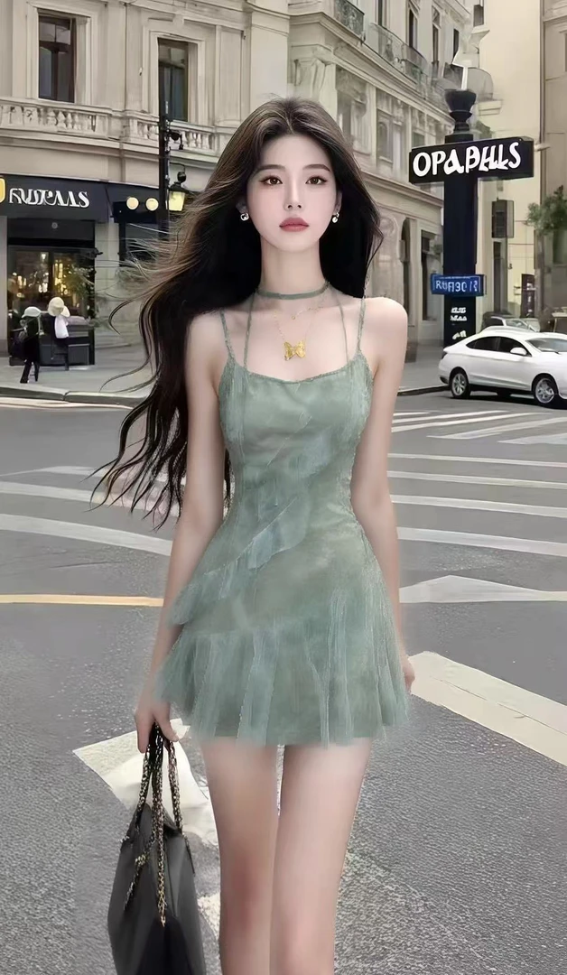 温柔知性风氛围感绿色U领吊带修身收腰连衣裙时尚气质高级感女装