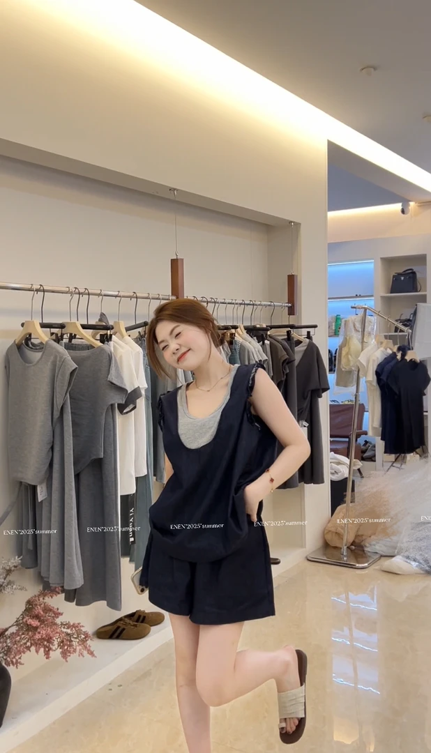 EE·夏季韩版拼色假两件无袖牛仔套装