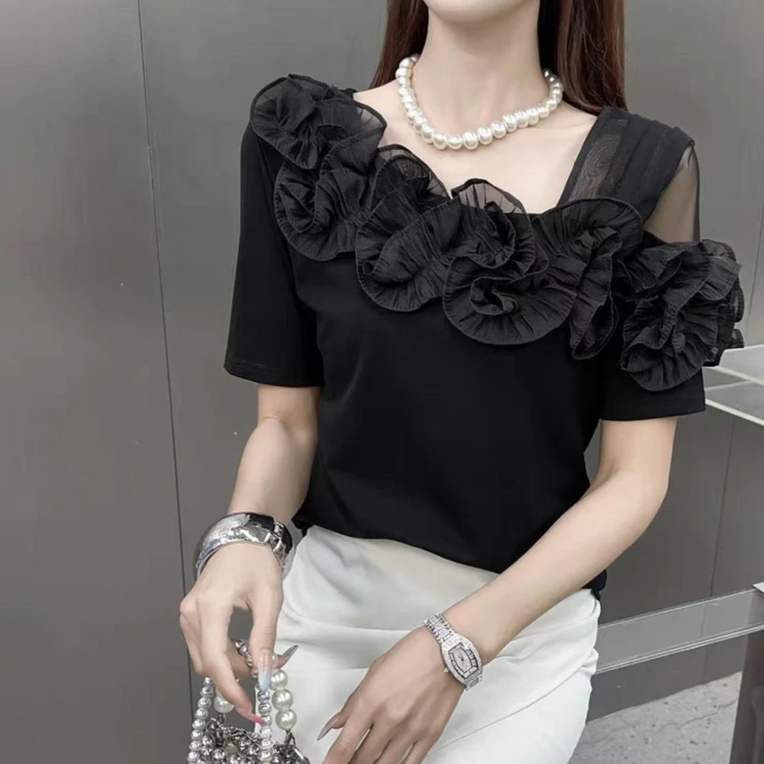 8922夏季时尚花朵木耳边百搭小衫显瘦拼接网纱露肩短袖T恤上衣女