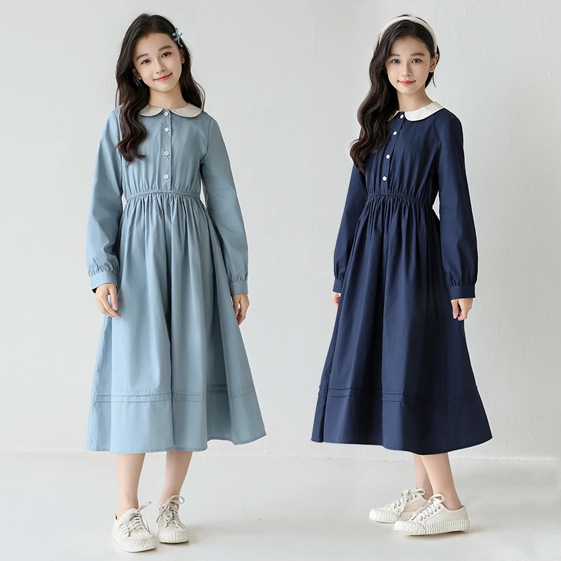 女童连衣裙长袖2025秋装新款洋气收腰娃娃领连衣裙中大童女孩长裙