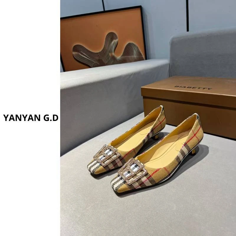 YAN-英伦风定制款格纹方头金钻高跟鞋133050