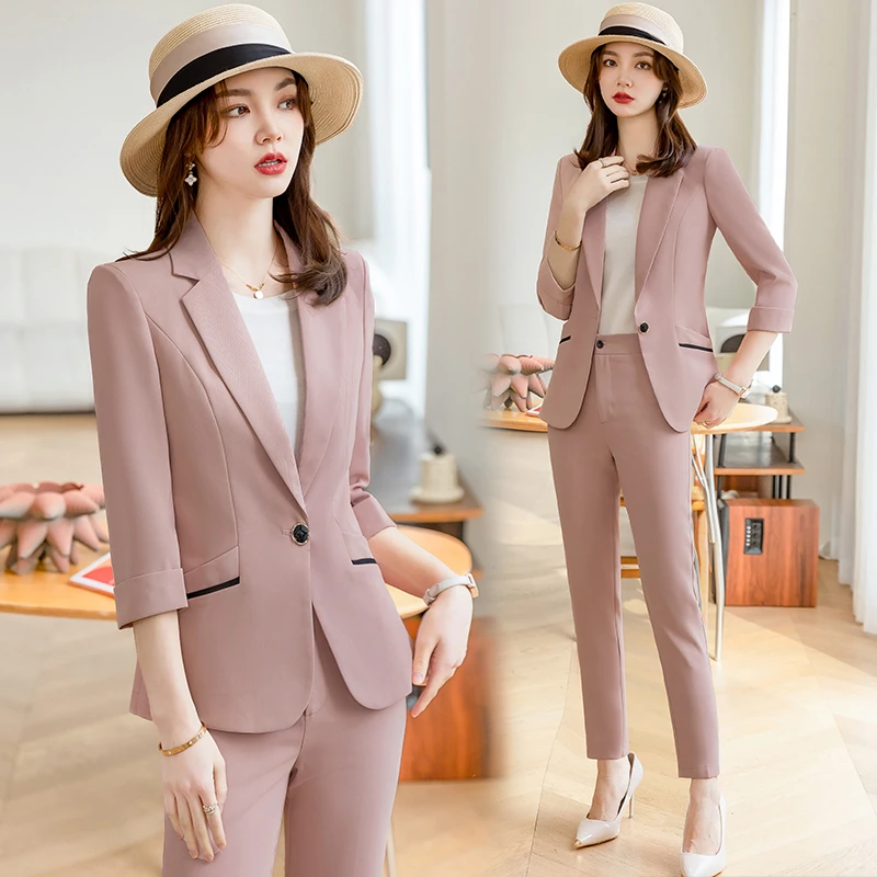 2309#粉色小西装中袖套裤套装 专柜清货