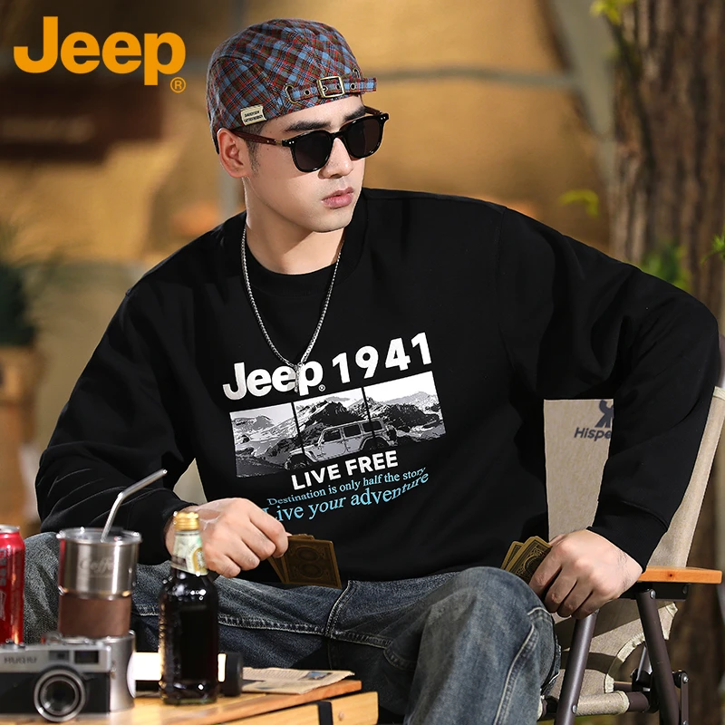 JEEP/吉普无帽卫衣男士2025新款大码长袖T恤春秋款套头衫上衣外套