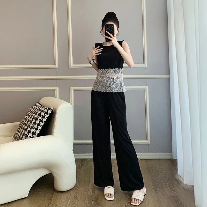 姐系贵感时尚套装女2025夏高端拼接蕾丝黑色无袖上衣阔腿裤两件套