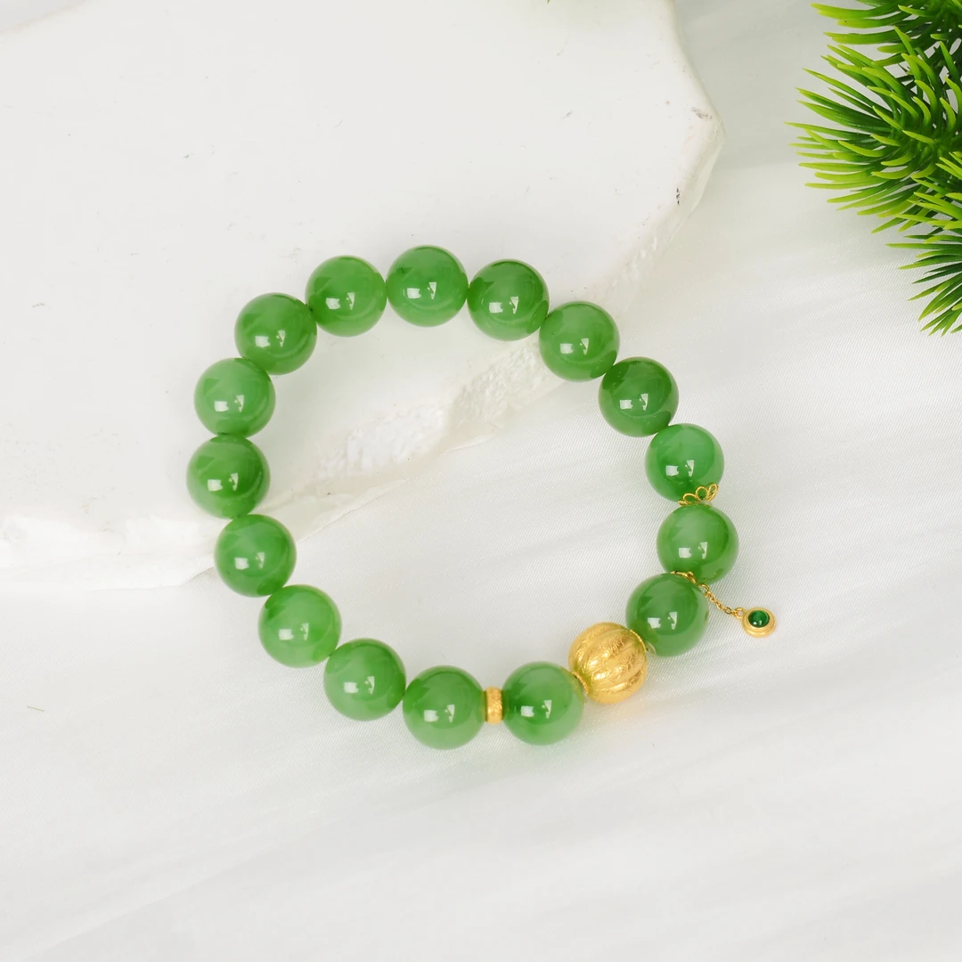 【熊总夫妇】碧玉18K金果绿色圆珠手串-约11-12mm